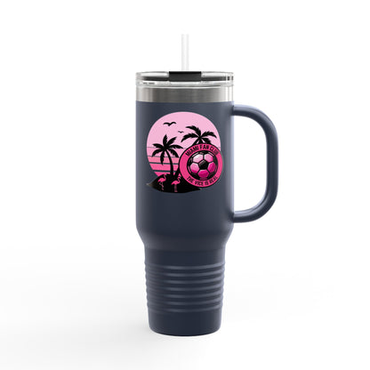 Miami Fan Club Soccer 40oz Insulated Travel Mug — Tropical Pink Sports Tumbler with Handle