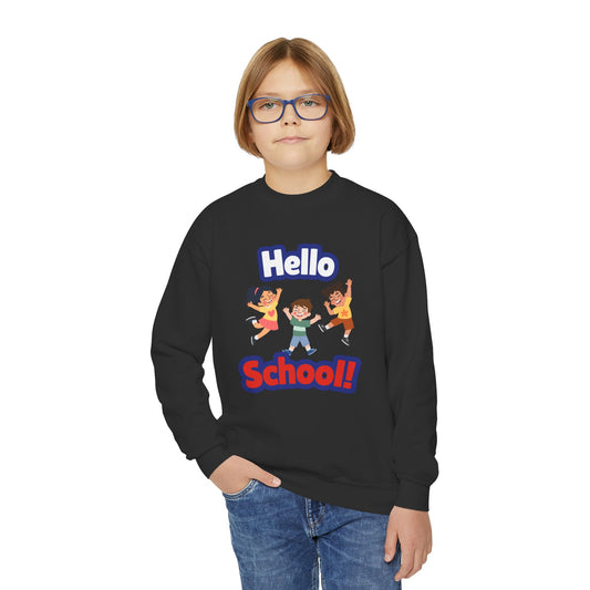 Youth Crewneck Sweatshirt – "Hello School!" Kids Back-to-School Graphic Sweatshirt
