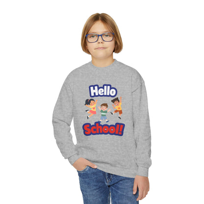 Youth Crewneck Sweatshirt – "Hello School!" Kids Back-to-School Graphic Sweatshirt