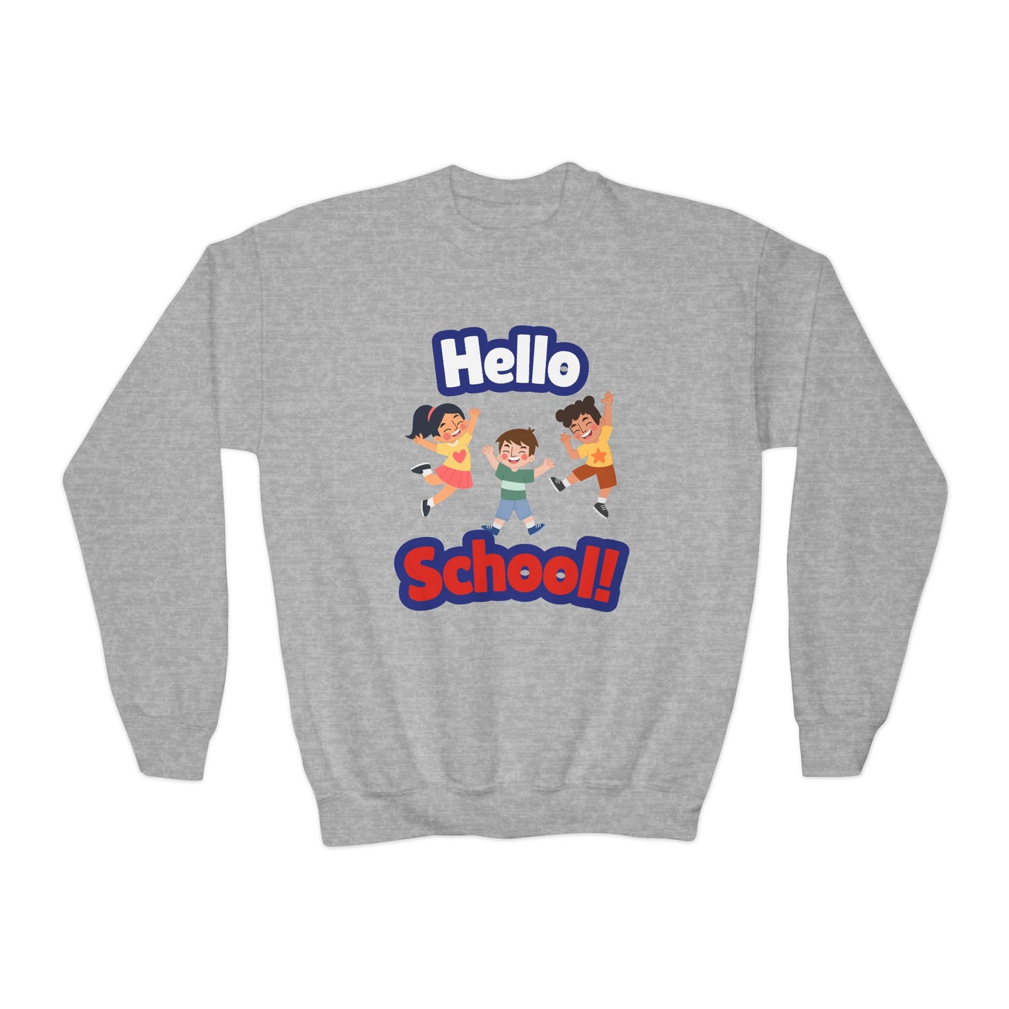 Youth Crewneck Sweatshirt – "Hello School!" Kids Back-to-School Graphic Sweatshirt