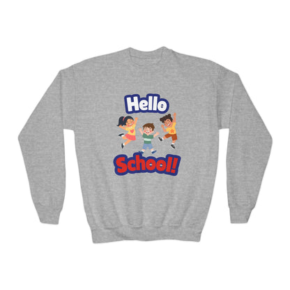Youth Crewneck Sweatshirt – "Hello School!" Kids Back-to-School Graphic Sweatshirt
