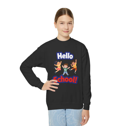 Youth Crewneck Sweatshirt – "Hello School!" Kids Back-to-School Graphic Sweatshirt