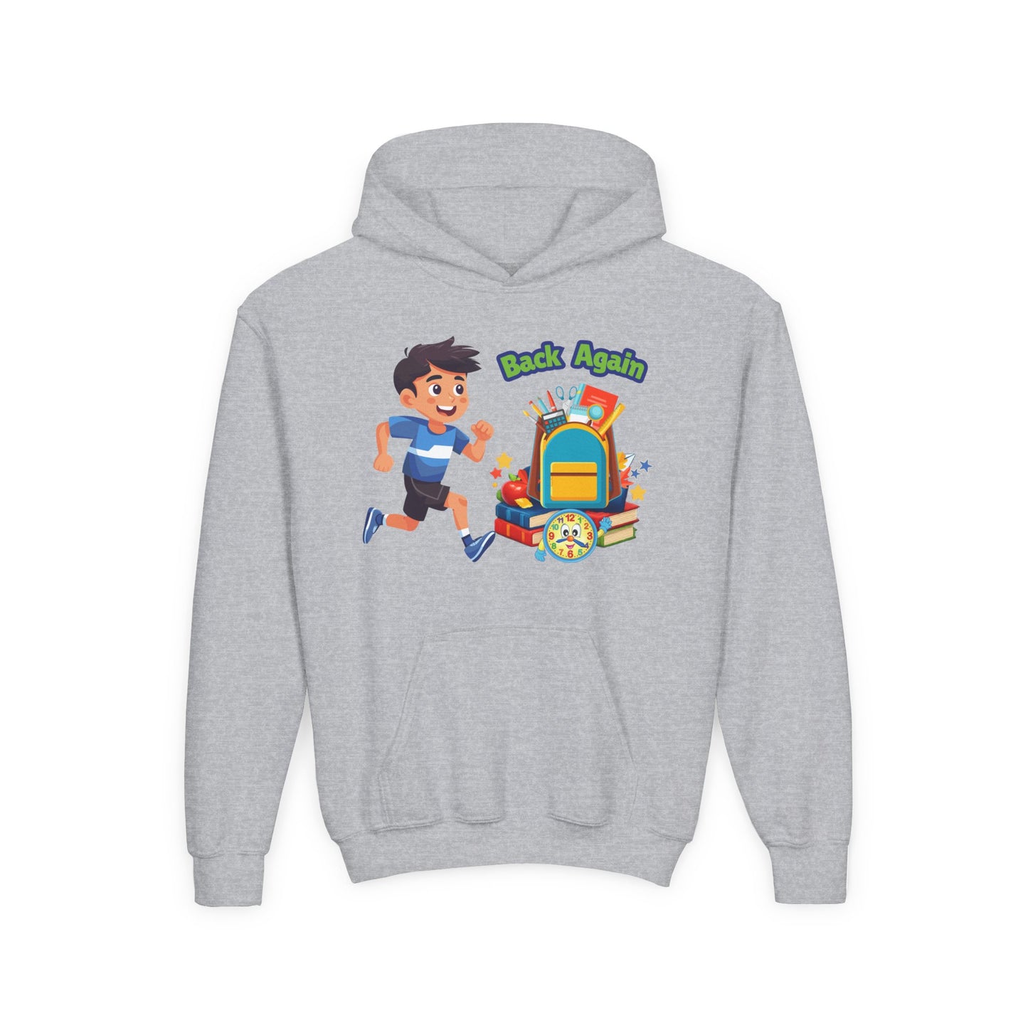 Kids "Back Again" School Backpack Hoodie — Youth Back-to-School Sweatshirt