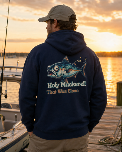 Holy Mackerel Fishing Hoodie — Retro Funny Angler Pullover Sweatshirt
