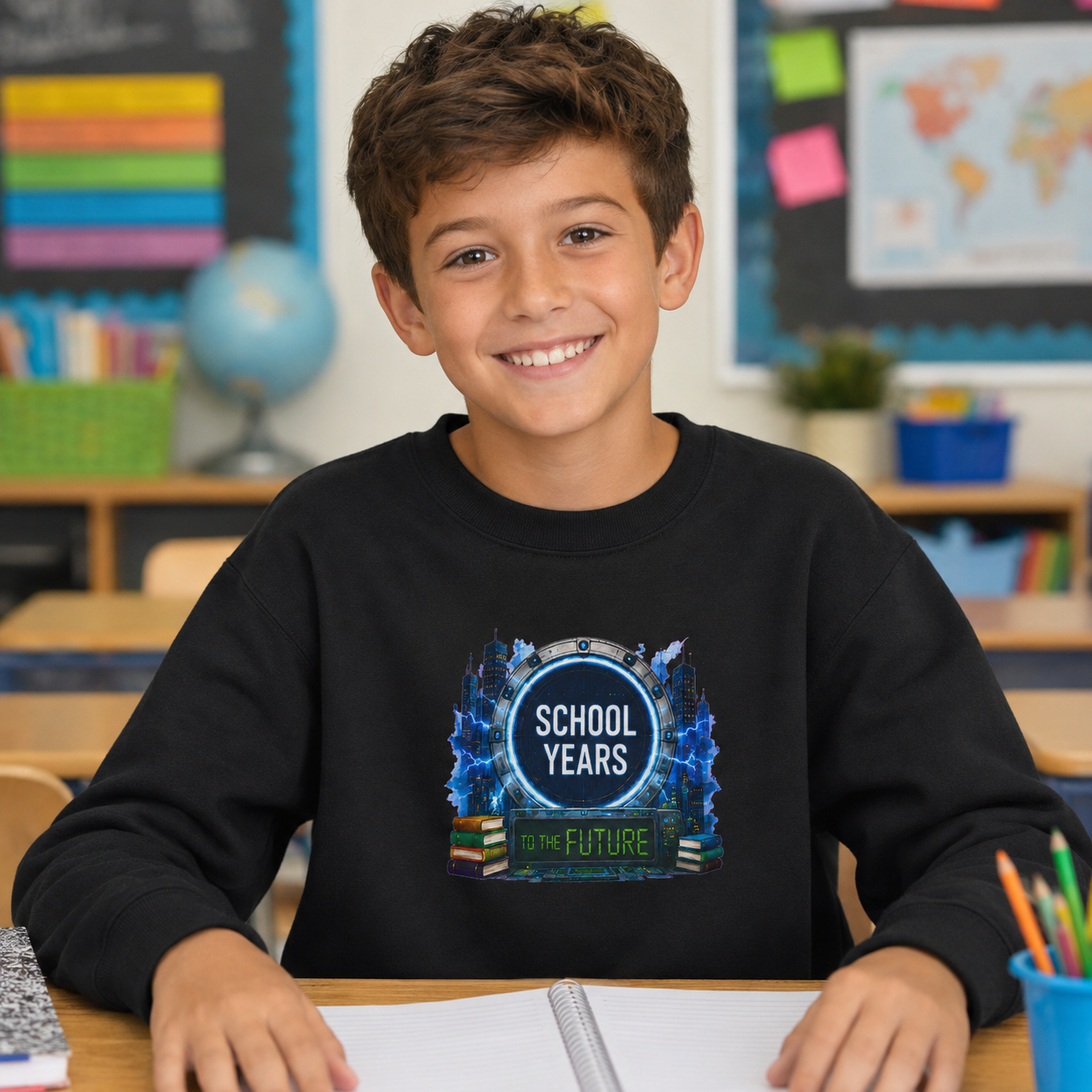 **School Years Youth Crewneck Sweatshirt — Future-Themed Kids Pullover**