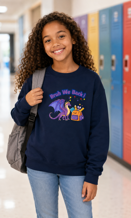 Bruh We Back Kids Dragon Sweatshirt — Youth Back-to-School Crewneck