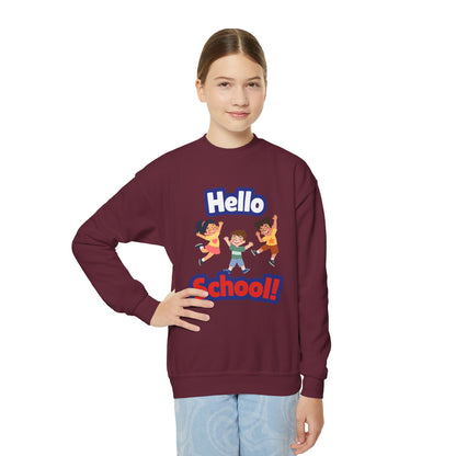 Youth Crewneck Sweatshirt – "Hello School!" Kids Back-to-School Graphic Sweatshirt