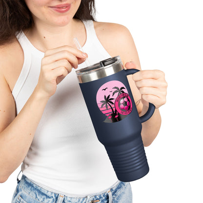 Miami Fan Club Soccer 40oz Insulated Travel Mug — Tropical Pink Sports Tumbler with Handle