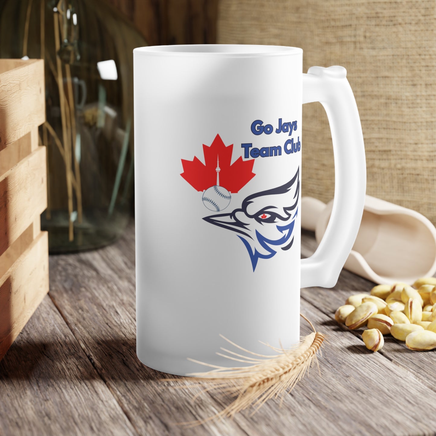 Go Jays Team Club Frosted Glass Beer Mug — 16oz Full Wraparound Print, Dishwasher & Microwave Safe