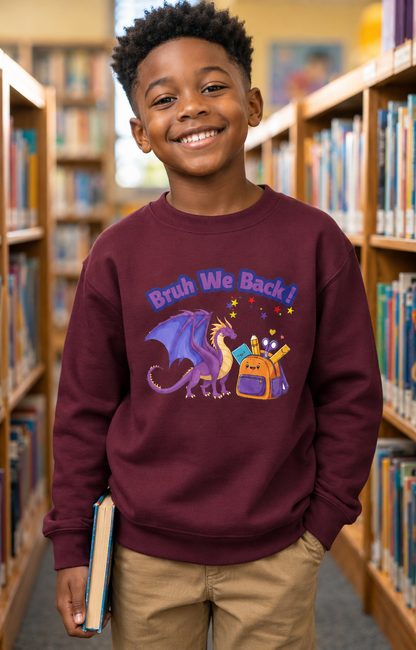 Bruh We Back Kids Dragon Sweatshirt — Youth Back-to-School Crewneck