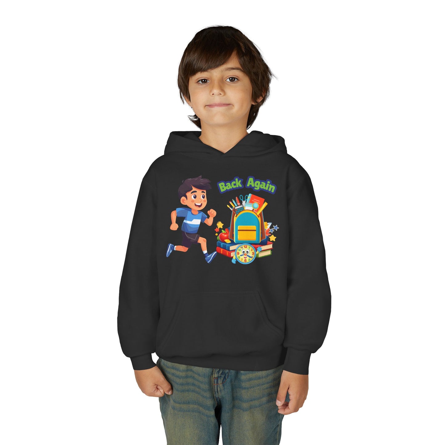 Kids "Back Again" School Backpack Hoodie — Youth Back-to-School Sweatshirt