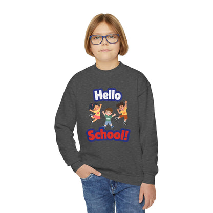 Youth Crewneck Sweatshirt – "Hello School!" Kids Back-to-School Graphic Sweatshirt