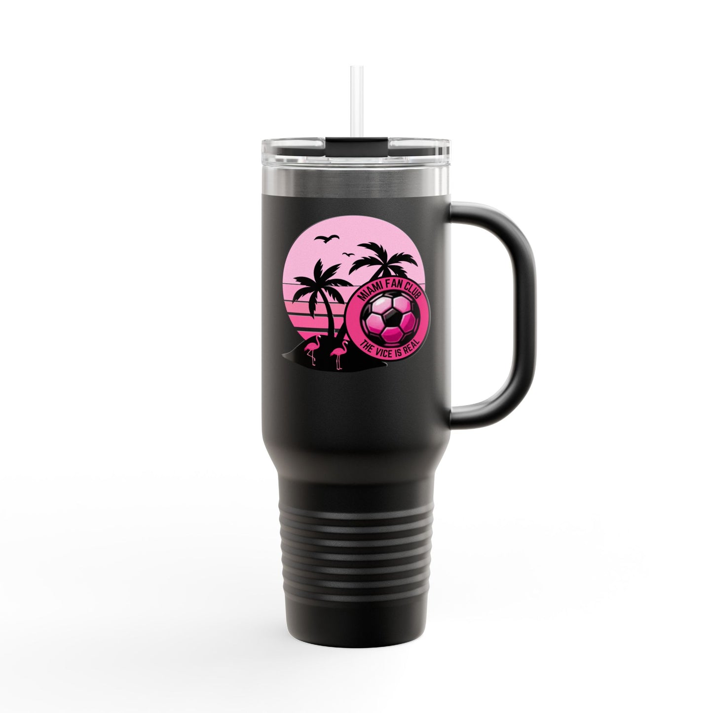Miami Fan Club Soccer 40oz Insulated Travel Mug — Tropical Pink Sports Tumbler with Handle