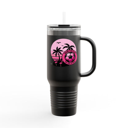 Miami Fan Club Soccer 40oz Insulated Travel Mug — Tropical Pink Sports Tumbler with Handle