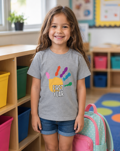 First Year of School Kids T-Shirt — Colorful Handprint Tee