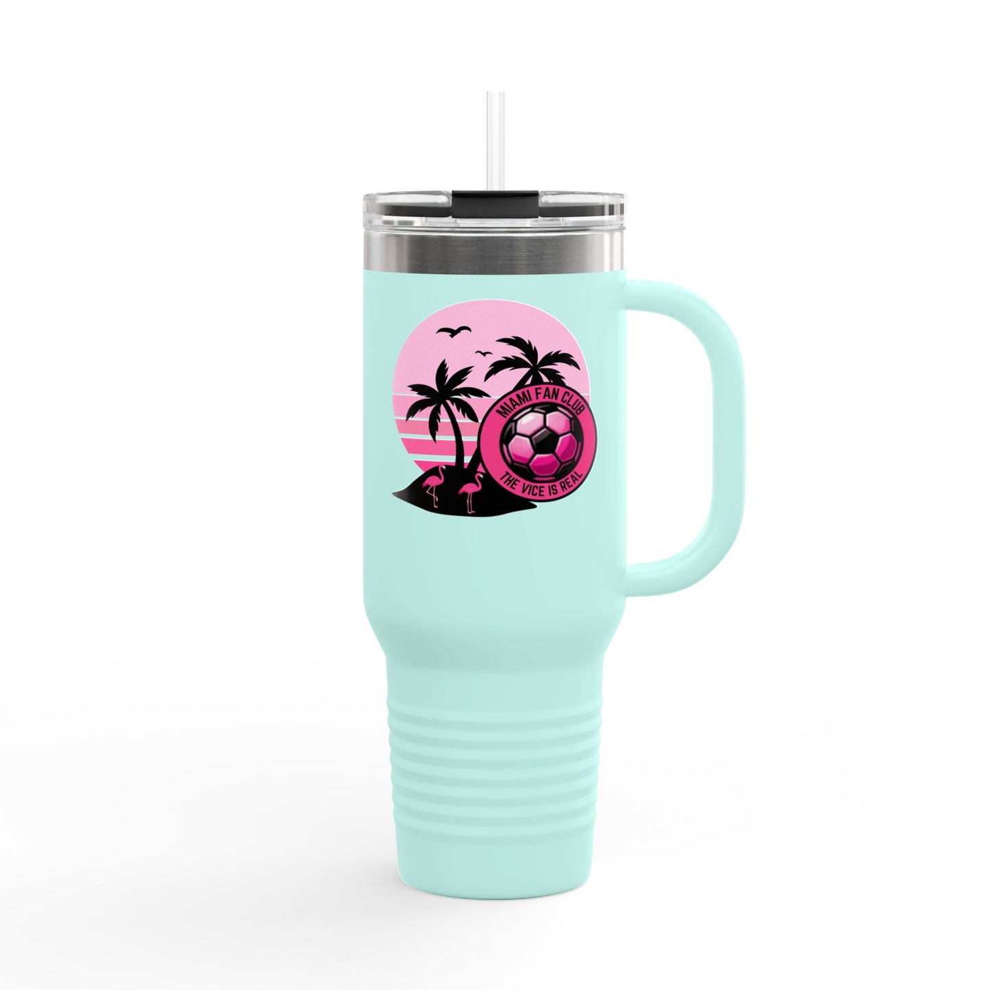 Miami Fan Club Soccer 40oz Insulated Travel Mug — Tropical Pink Sports Tumbler with Handle