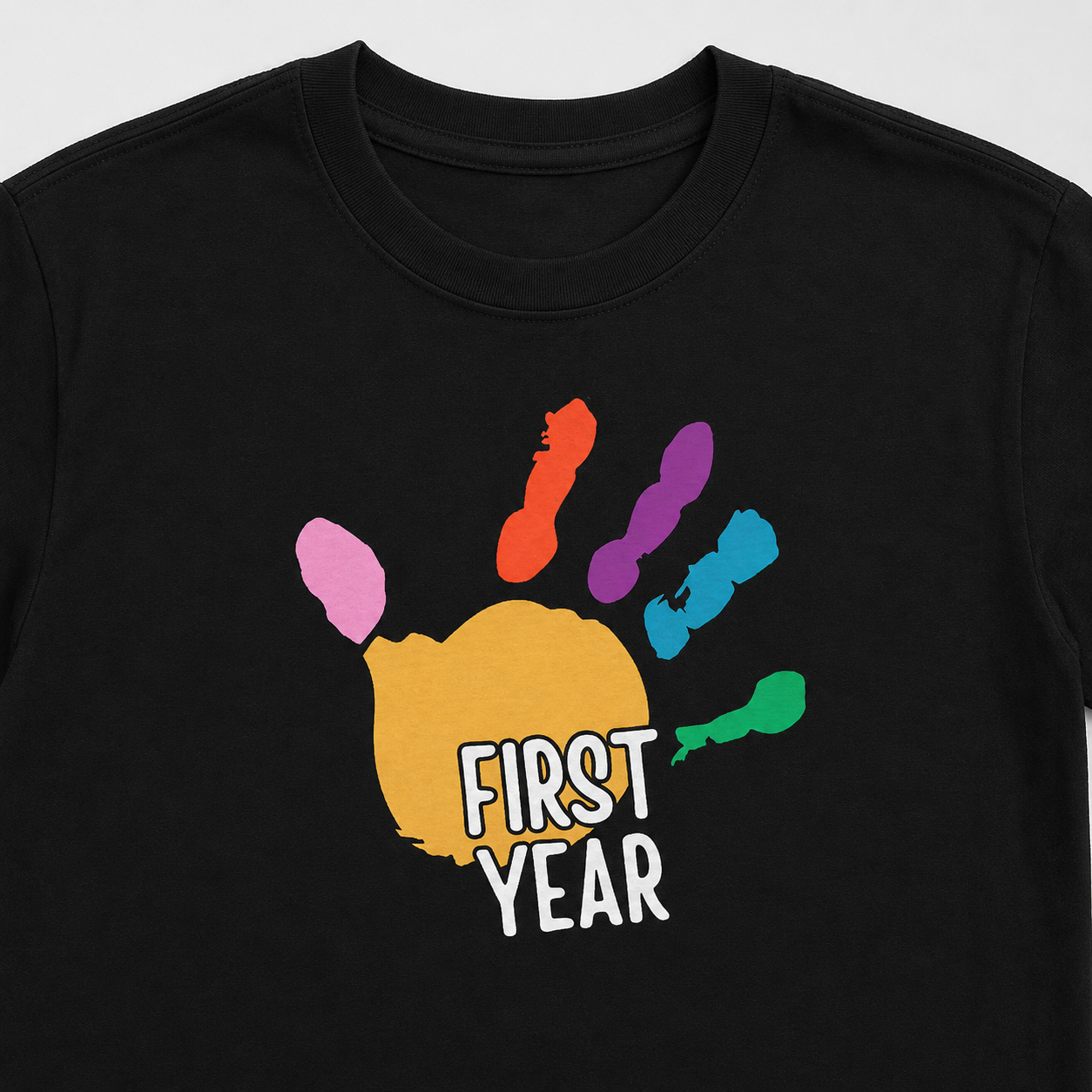 First Year of School Kids T-Shirt — Colorful Handprint Tee