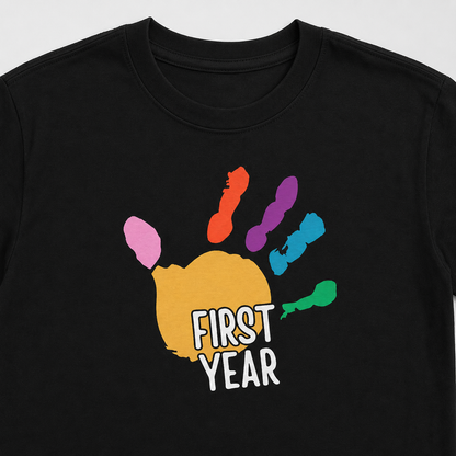 First Year of School Kids T-Shirt — Colorful Handprint Tee