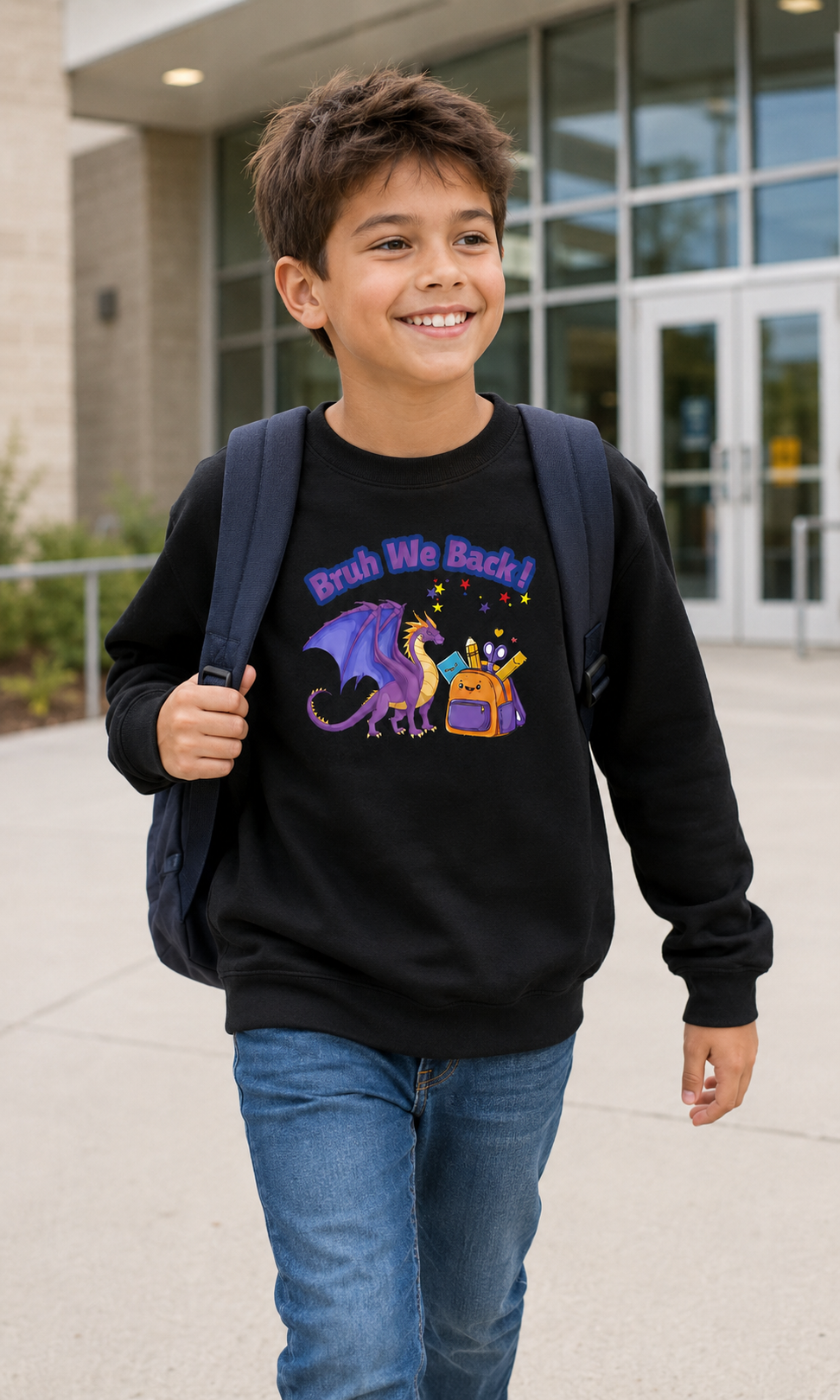 Bruh We Back Kids Dragon Sweatshirt — Youth Back-to-School Crewneck