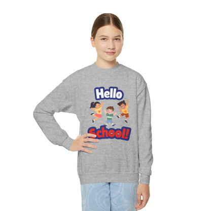 Youth Crewneck Sweatshirt – "Hello School!" Kids Back-to-School Graphic Sweatshirt