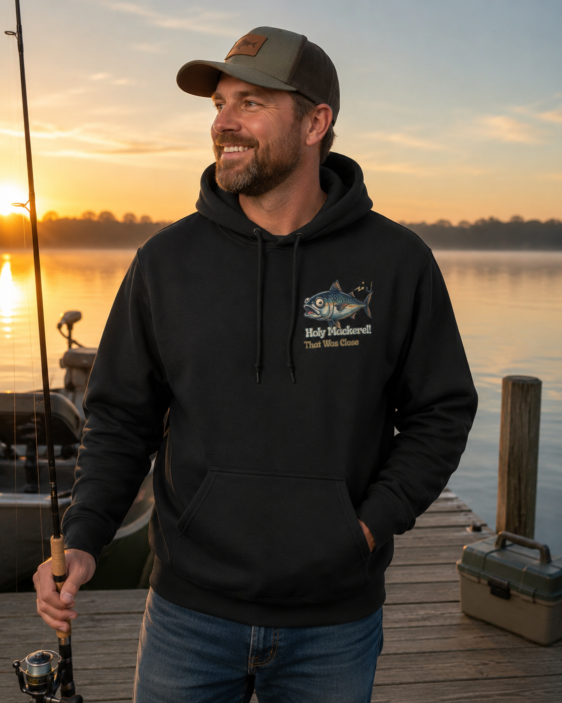 Holy Mackerel Fishing Hoodie — Retro Funny Angler Pullover Sweatshirt