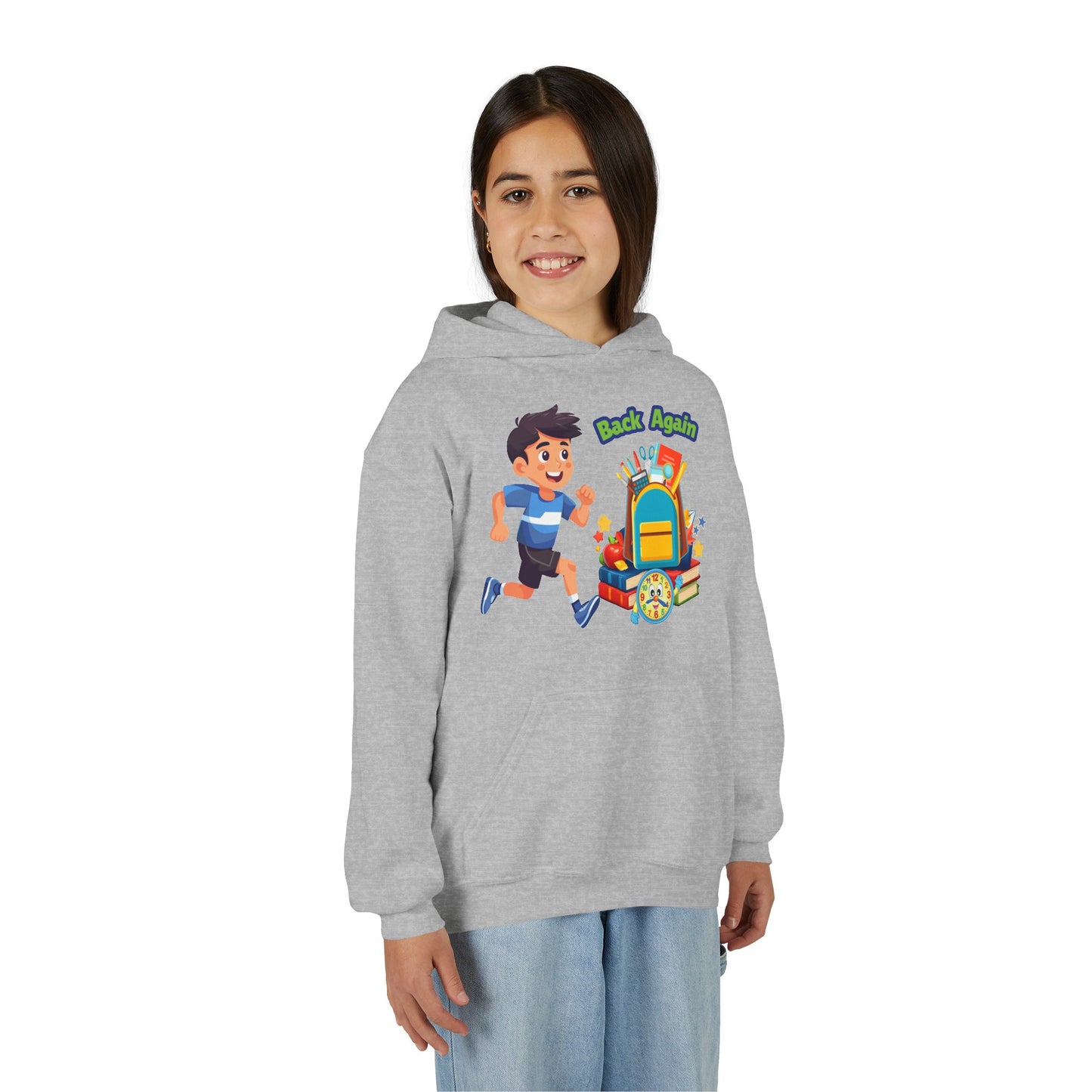 Kids "Back Again" School Backpack Hoodie — Youth Back-to-School Sweatshirt