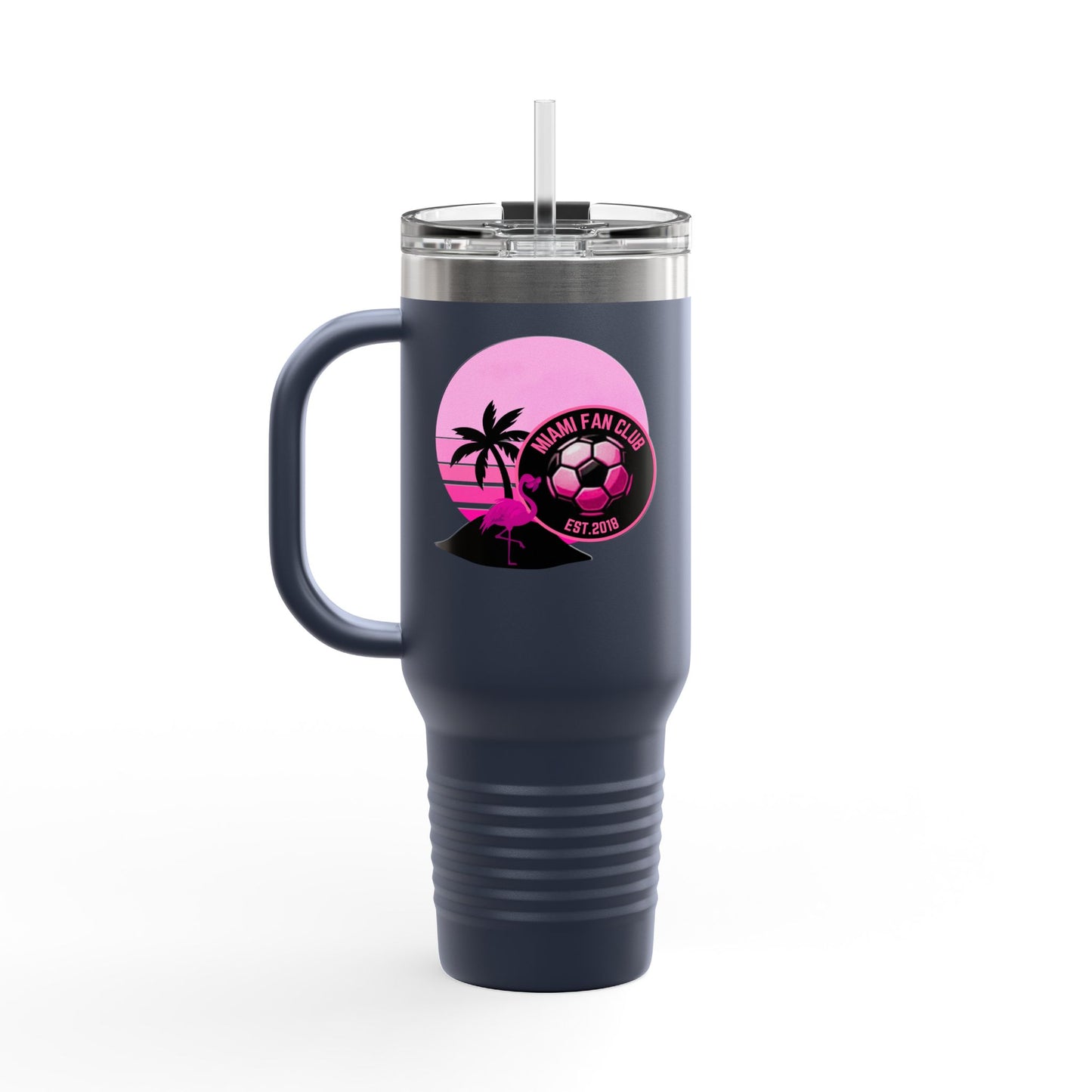 Miami Fan Club Soccer 40oz Insulated Travel Mug — Tropical Pink Sports Tumbler with Handle