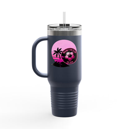 Miami Fan Club Soccer 40oz Insulated Travel Mug — Tropical Pink Sports Tumbler with Handle