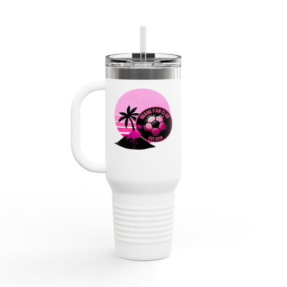 Miami Fan Club Soccer 40oz Insulated Travel Mug — Tropical Pink Sports Tumbler with Handle
