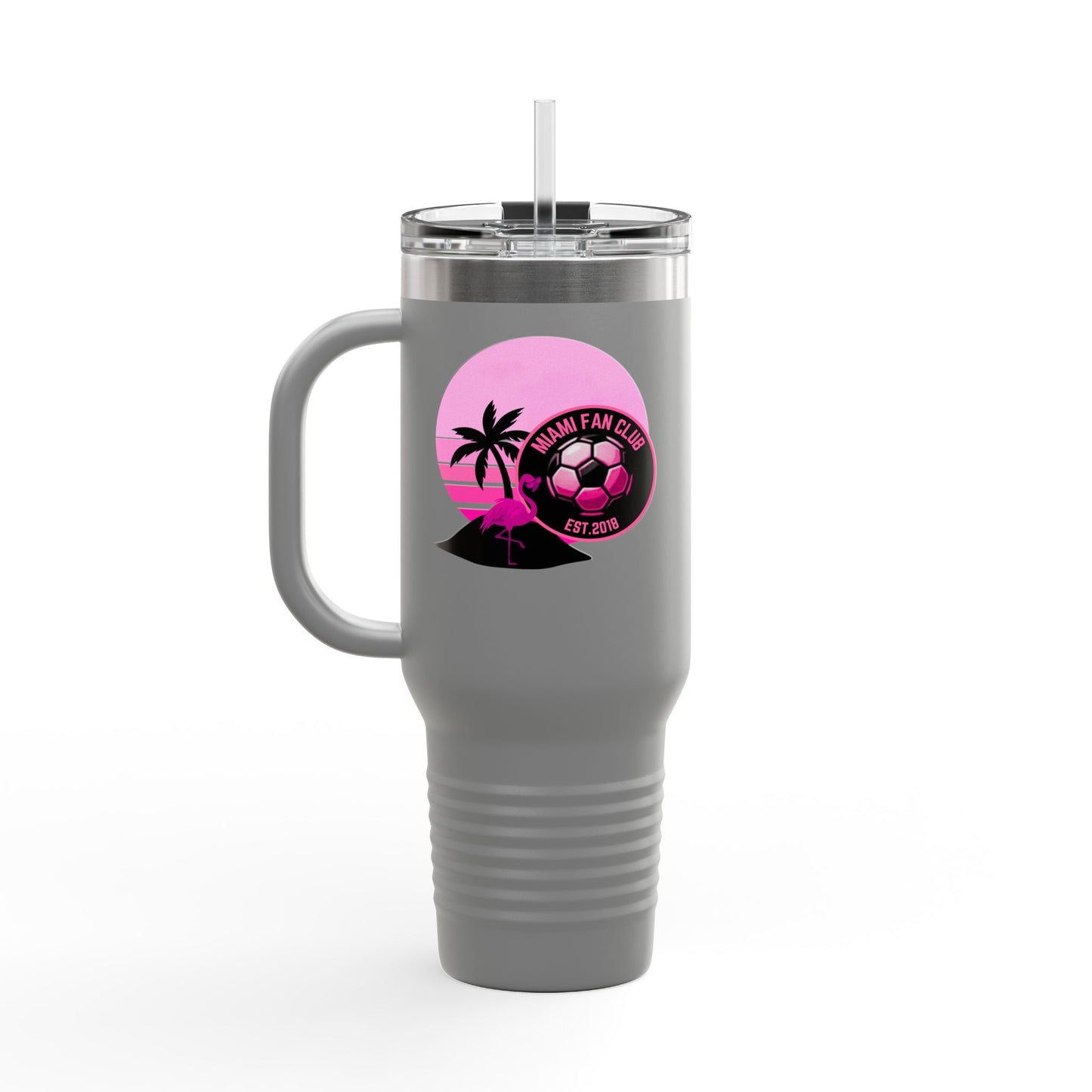 Miami Fan Club Soccer 40oz Insulated Travel Mug — Tropical Pink Sports Tumbler with Handle