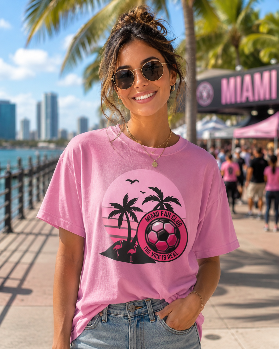 Miami Soccer Fan Club T-Shirt — Retro Pink Sunset Game Day Tee