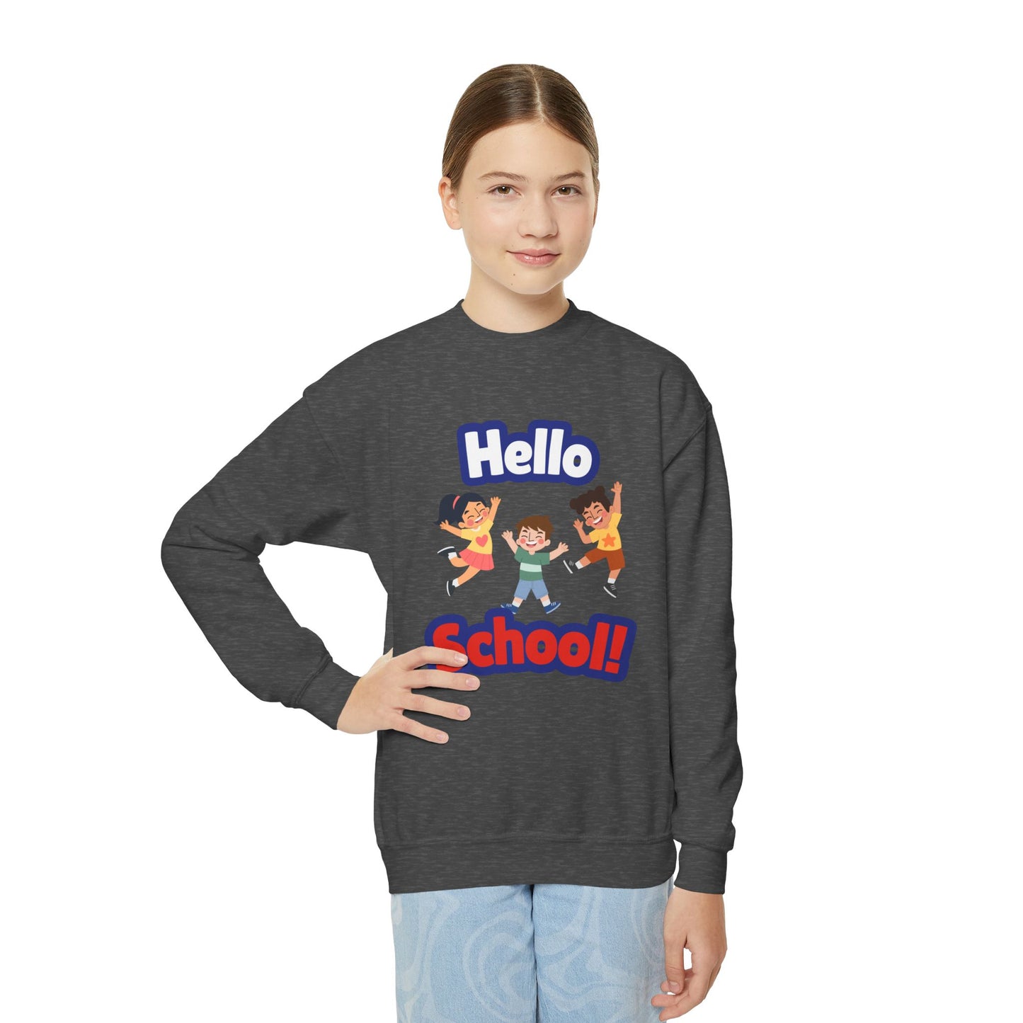 Youth Crewneck Sweatshirt – "Hello School!" Kids Back-to-School Graphic Sweatshirt