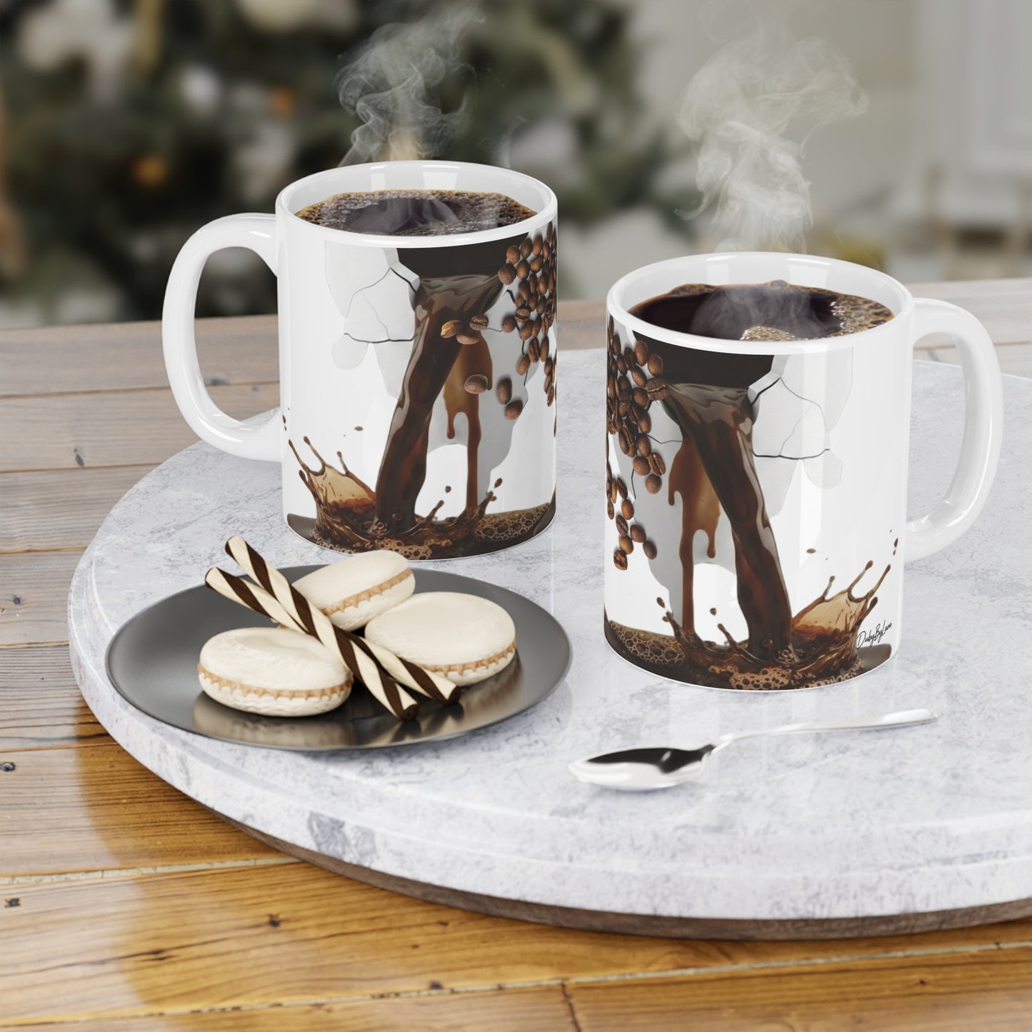 Two mugs with coffee designs on a marble tray with cookies and a spoon.