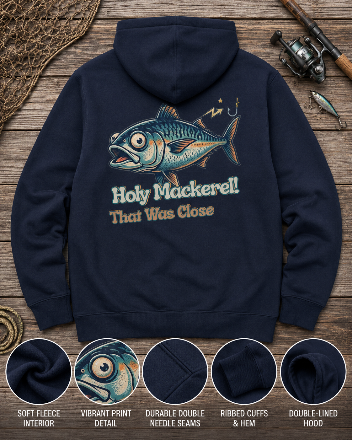 Holy Mackerel Fishing Hoodie — Retro Funny Angler Pullover Sweatshirt