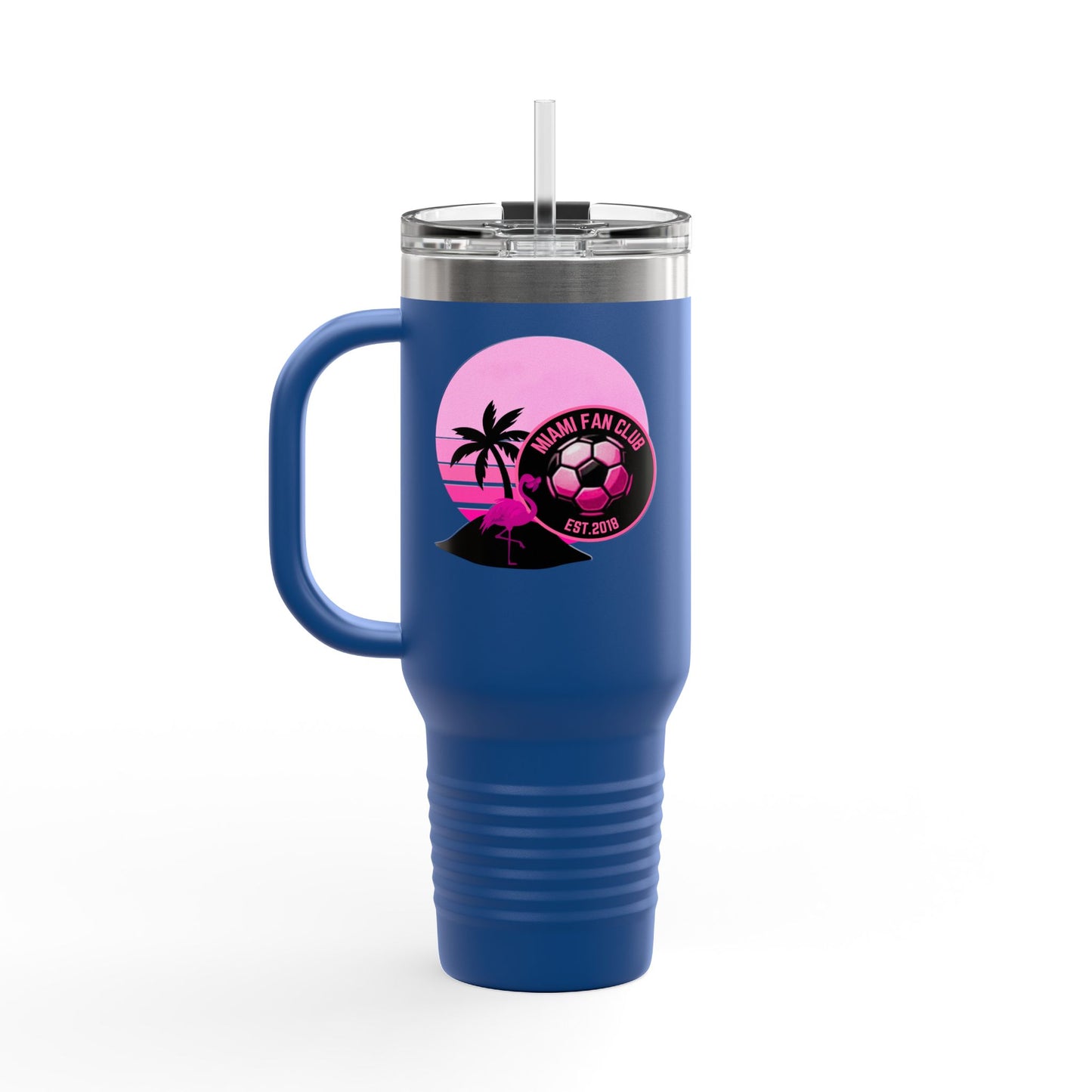 Miami Fan Club Soccer 40oz Insulated Travel Mug — Tropical Pink Sports Tumbler with Handle