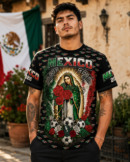 Mexico Soccer Señora de Guadalupe All-Over Print Tee — 2026 Mexican Pride Futbol Fan Shirt