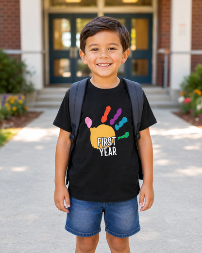 First Year of School Kids T-Shirt — Colorful Handprint Tee
