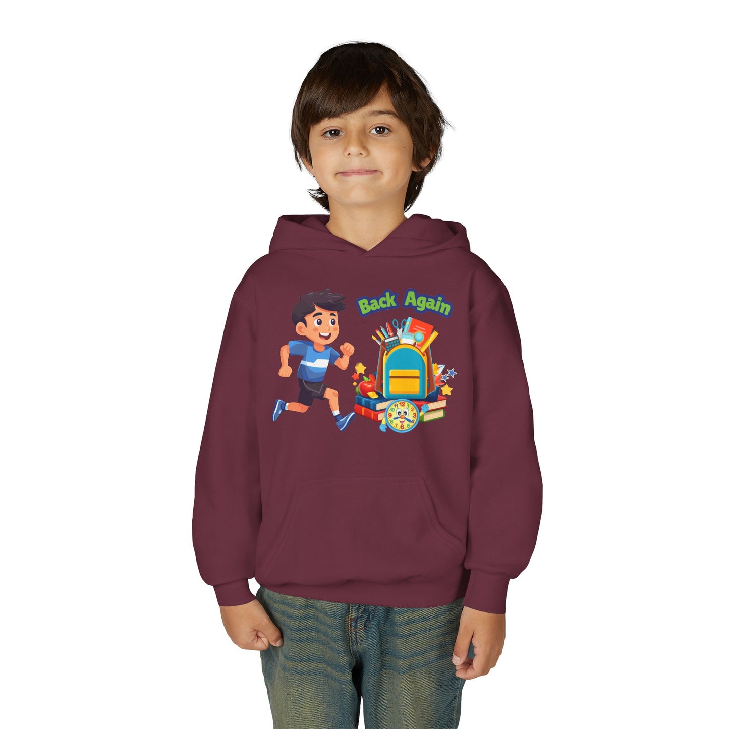 Kids "Back Again" School Backpack Hoodie — Youth Back-to-School Sweatshirt