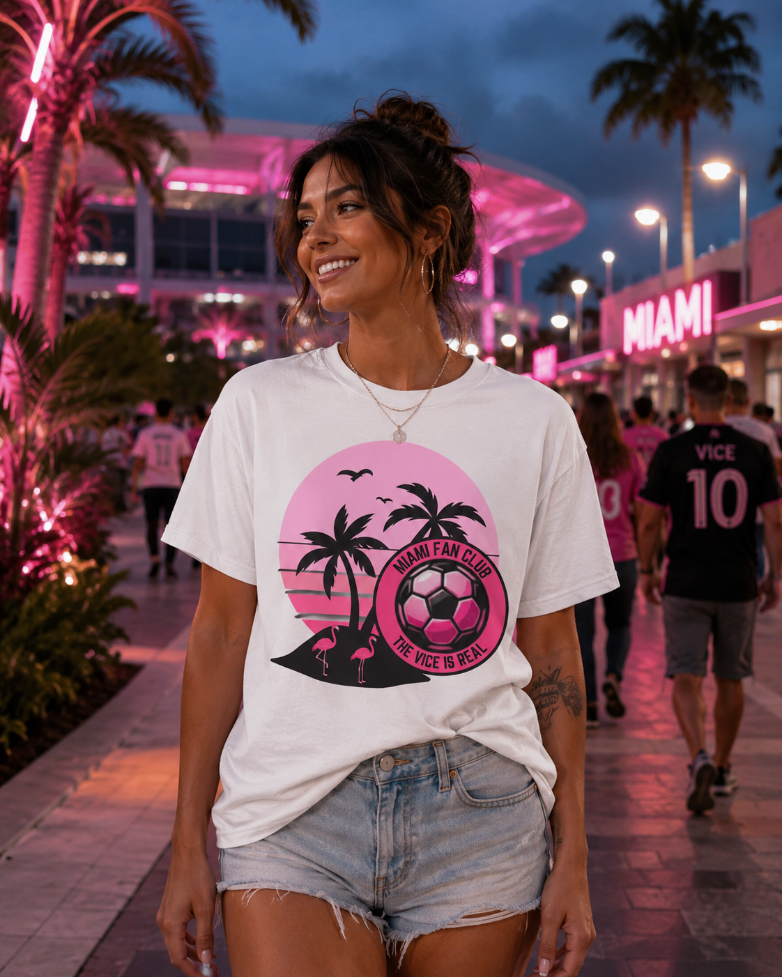 Miami Soccer Fan Club T-Shirt — Retro Pink Sunset Game Day Tee