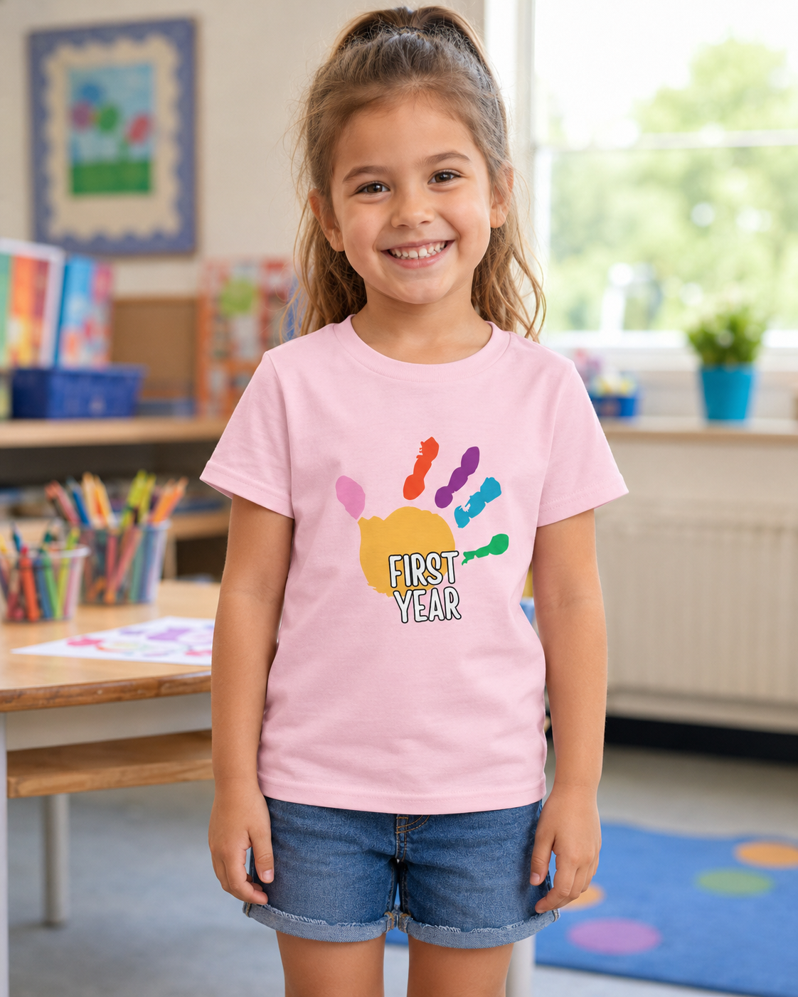 First Year of School Kids T-Shirt — Colorful Handprint Tee