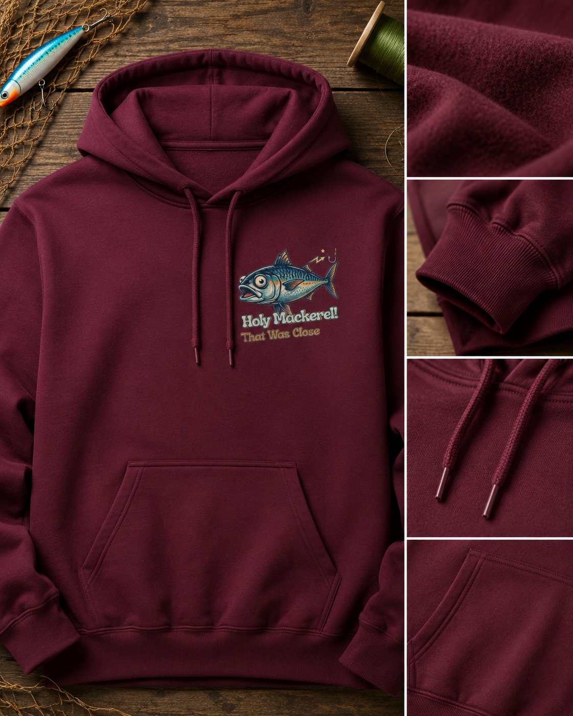 Holy Mackerel Fishing Hoodie — Retro Funny Angler Pullover Sweatshirt