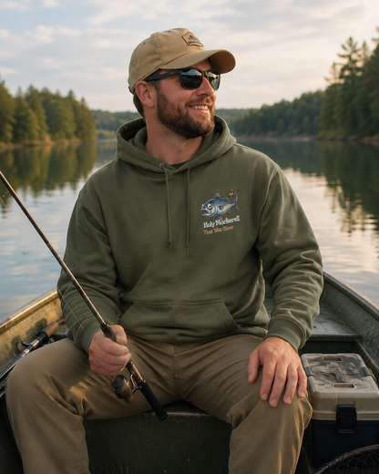 Holy Mackerel Fishing Hoodie — Retro Funny Angler Pullover Sweatshirt