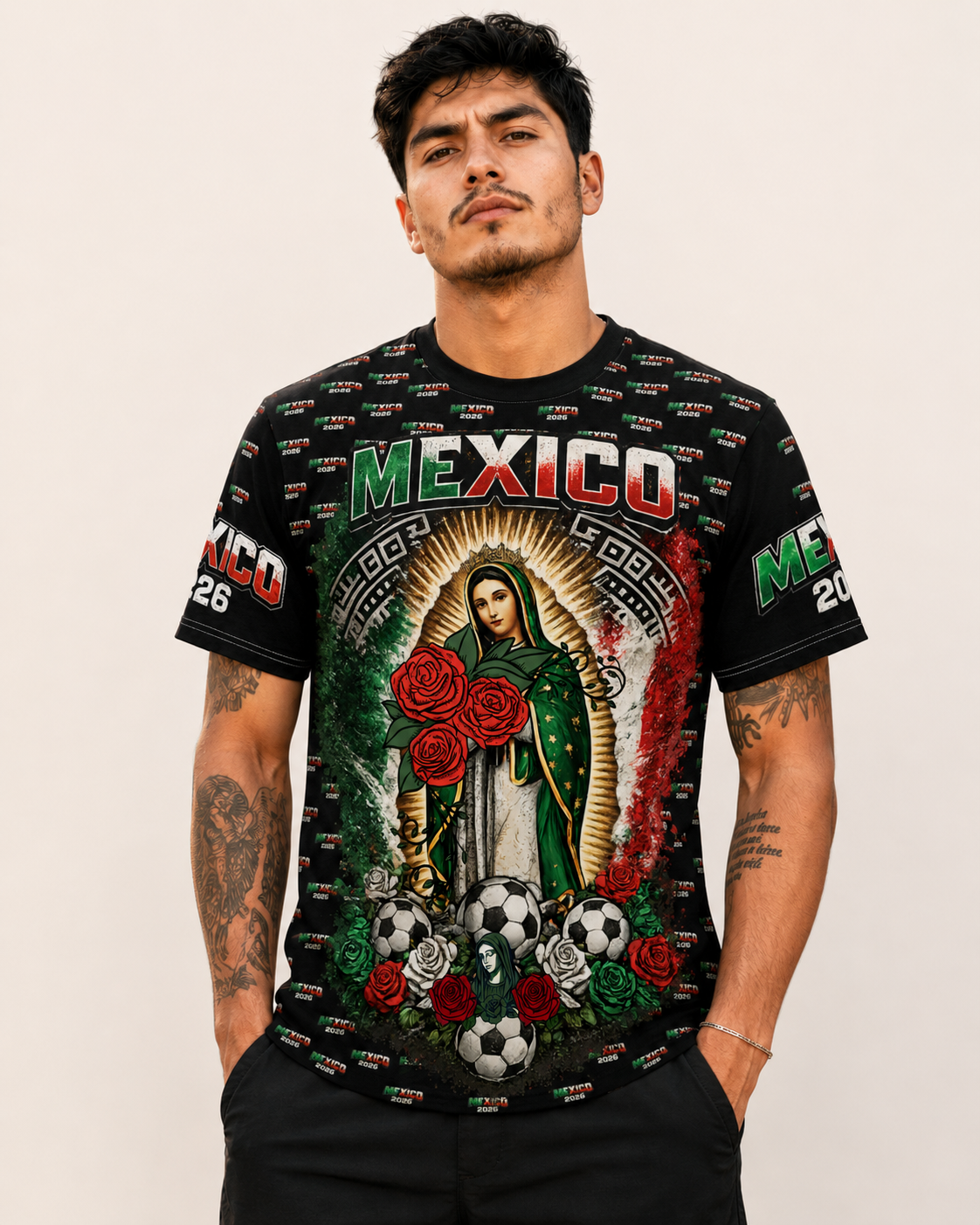 Mexico Soccer Señora de Guadalupe All-Over Print Tee — 2026 Mexican Pride Futbol Fan Shirt