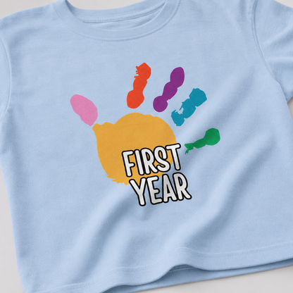 First Year of School Kids T-Shirt — Colorful Handprint Tee