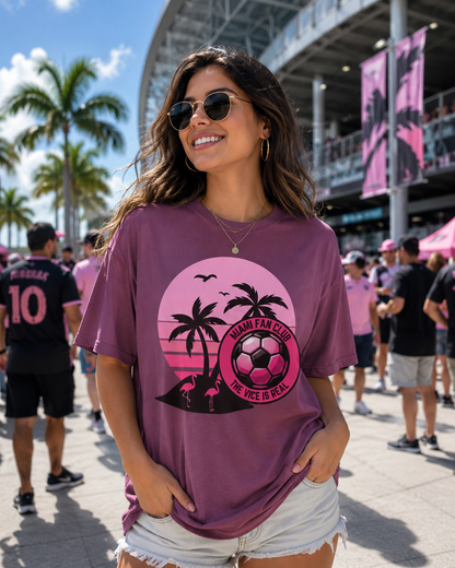 Miami Soccer Fan Club T-Shirt — Retro Pink Sunset Game Day Tee