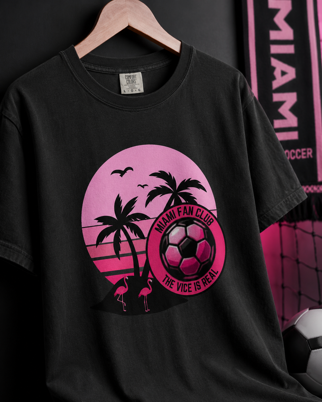 Miami Soccer Fan Club T-Shirt — Retro Pink Sunset Game Day Tee