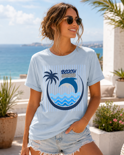 Beach Dolphin Wave T-Shirt — Palm Tree Ocean Graphic Tee