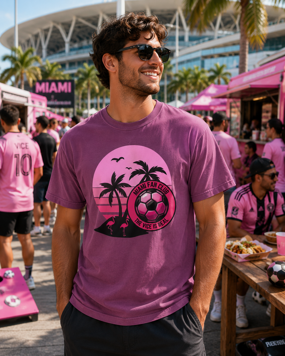 Miami Soccer Fan Club T-Shirt — Retro Pink Sunset Game Day Tee