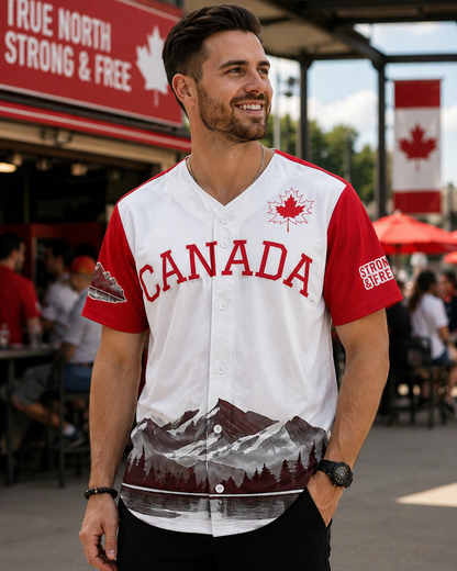 Canada True North Mountain Baseball Jersey | Red Maple Leaf Canada Heritage Sports Shirt