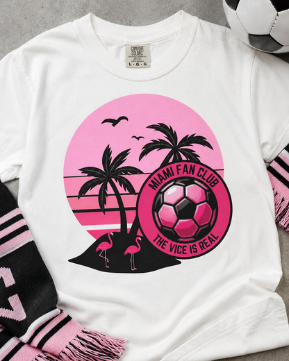 Miami Soccer Fan Club T-Shirt — Retro Pink Sunset Game Day Tee